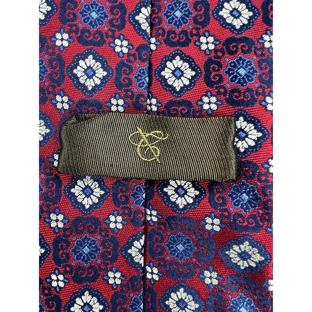 Canali Mens Silk Tie Red Blue Geometric Medallion Made In Italy Classic Pointed